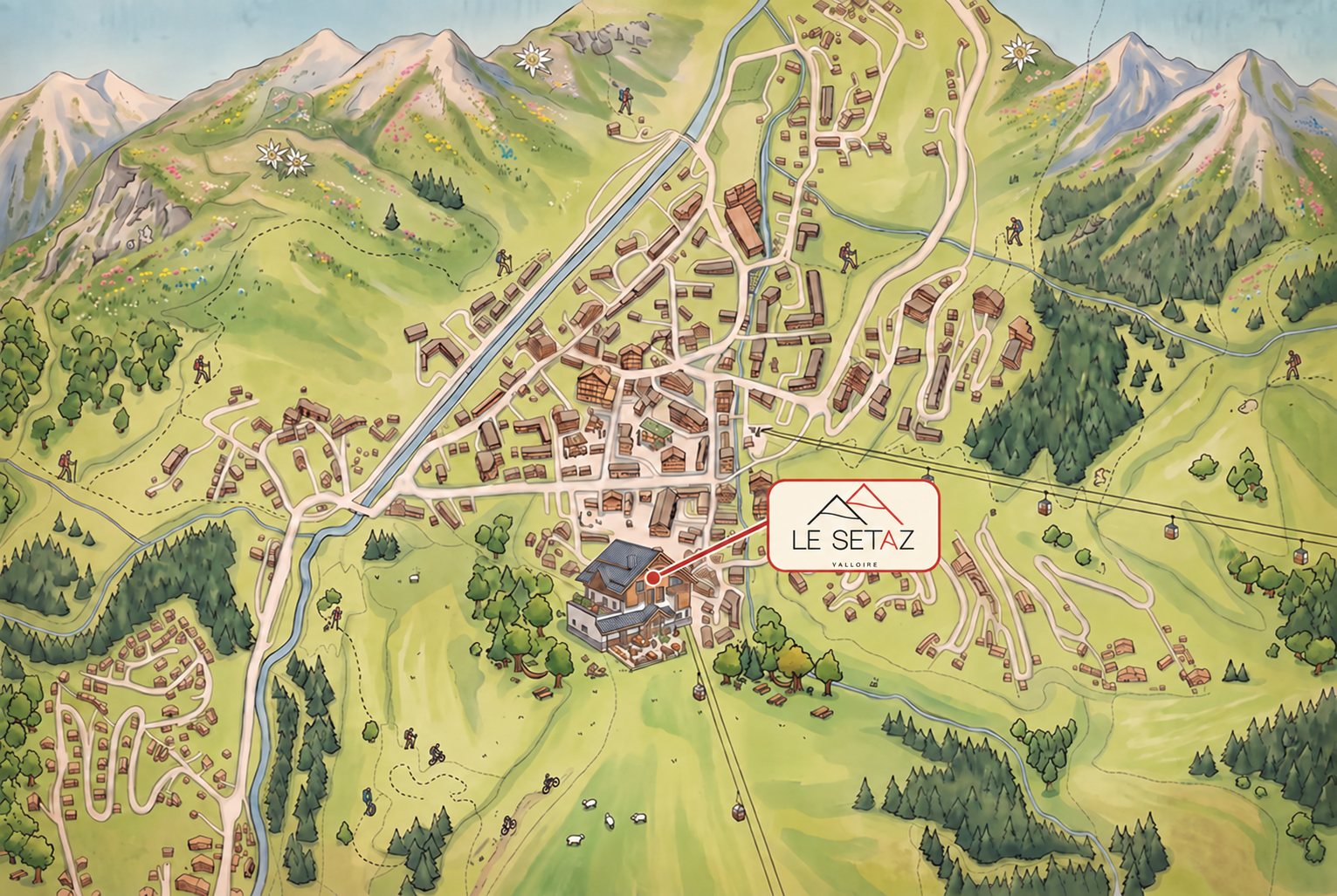 Plan illustré de Valloire en été avec l'emplacement du Chalet Sétaz