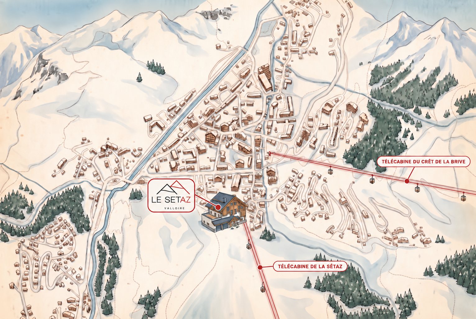 Plan illustré de Valloire en hiver avec l'emplacement du Chalet Sétaz et les remontées mécaniques